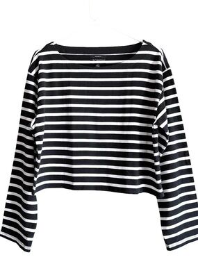 J.Crew Mariner Cotton Boatneck Tee Black White Stripe Cropped Women's M NWOT